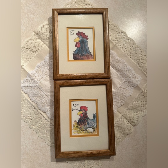 2 Signed Artist Don Nedobeck Rooster & Hen "I Rule the Roost" Framed Drawings - Picture 1 of 6